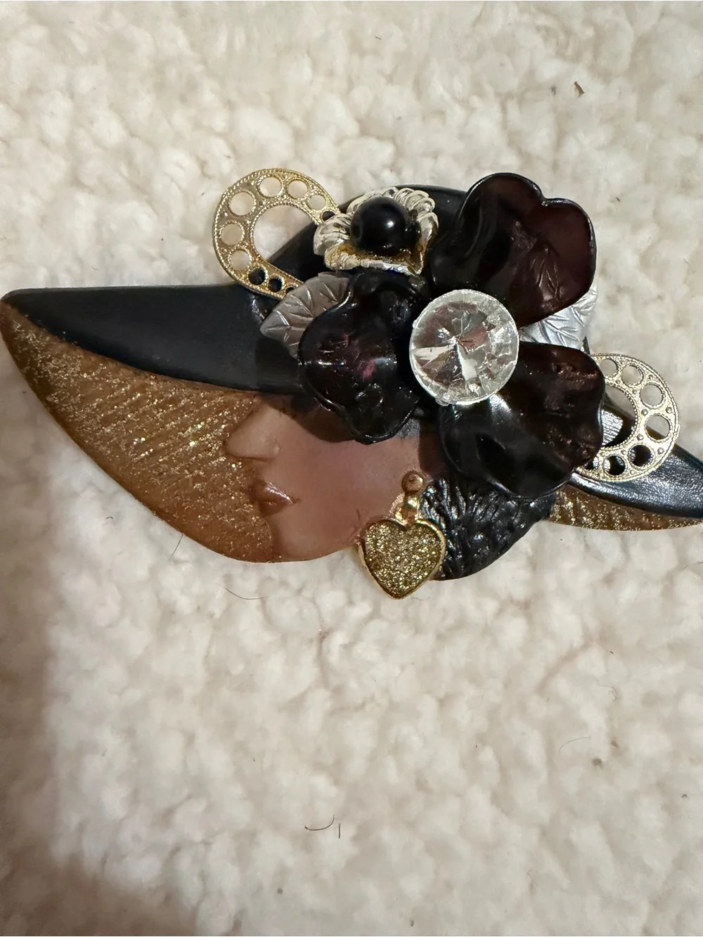Pinc Black and Gold Floral Hat Brooch with Clear Crystal